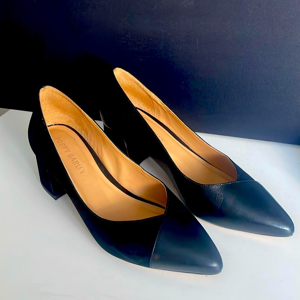 Poppy Barley “All Damn Day” black leather and suede heels.